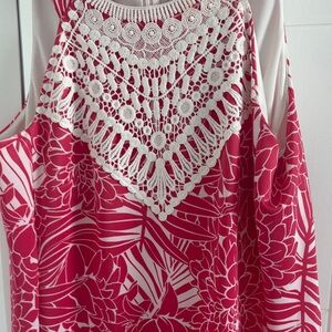 Pappagallo Pink and White Crochet-Yoke Floral Midi Dress